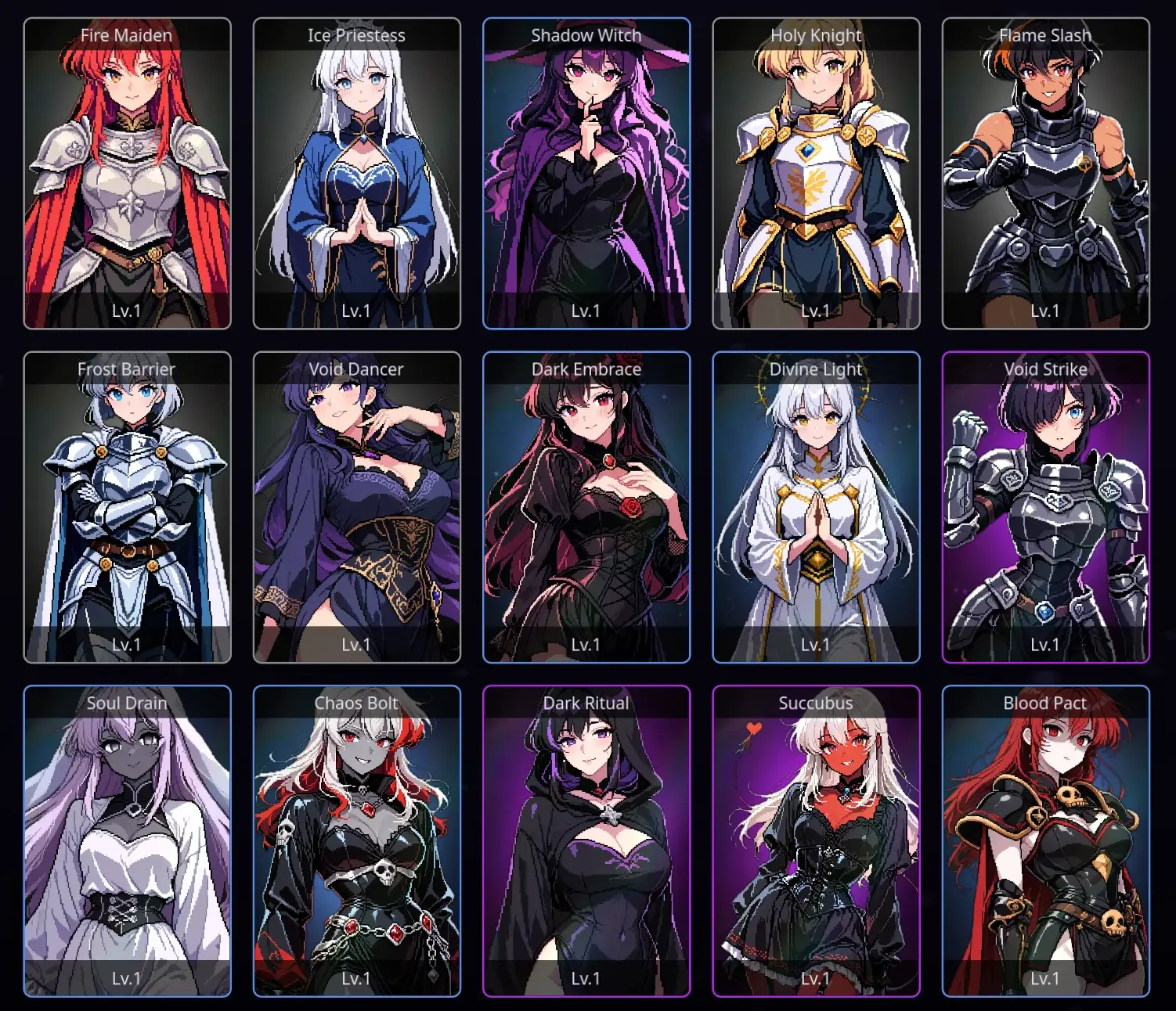 Soul Strip — 60+ waifu cards across 5 elements